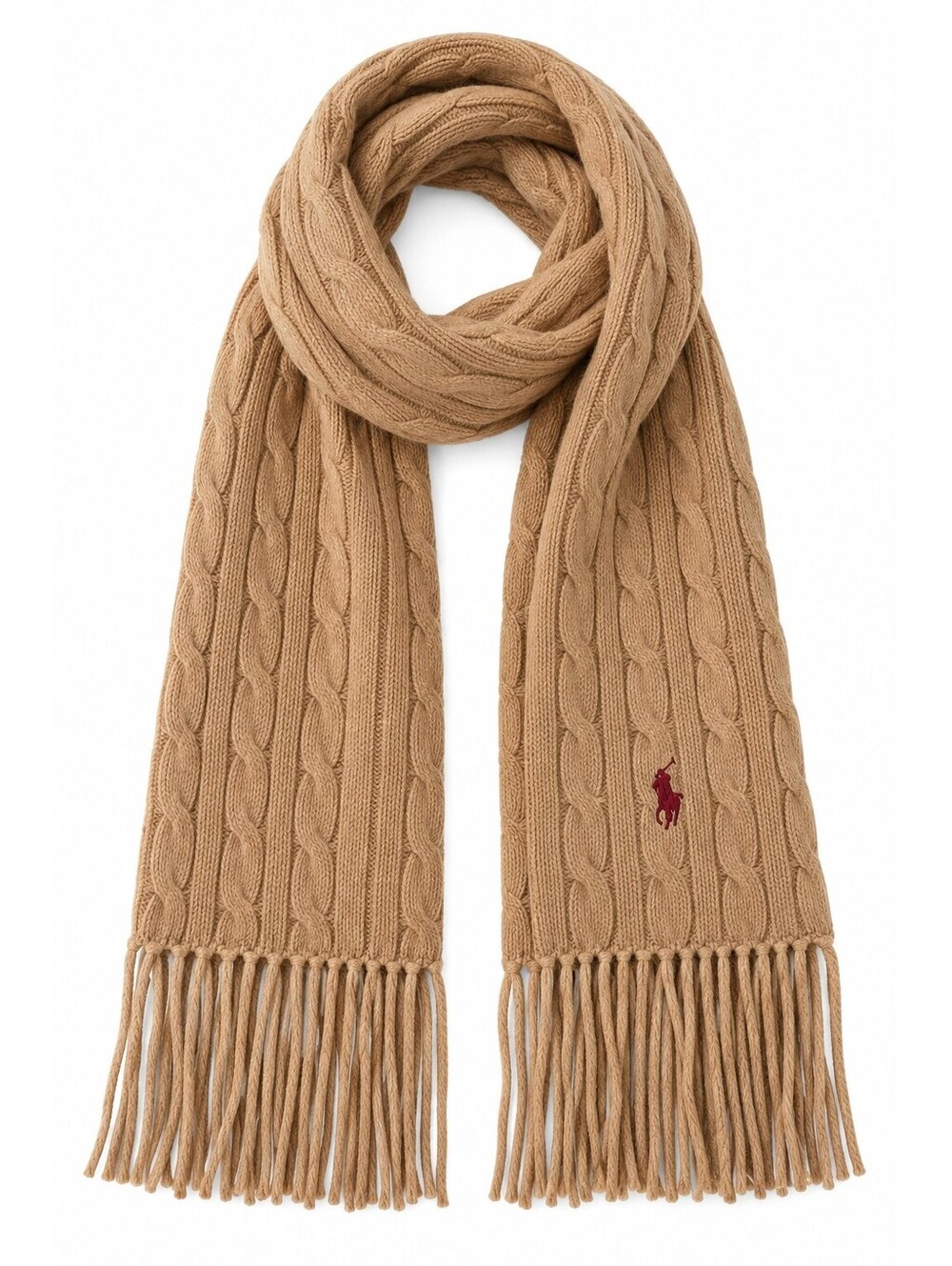 Polo Ralph Lauren Camel Cable Knit Wool Cashmere Scarf Pony Fringe